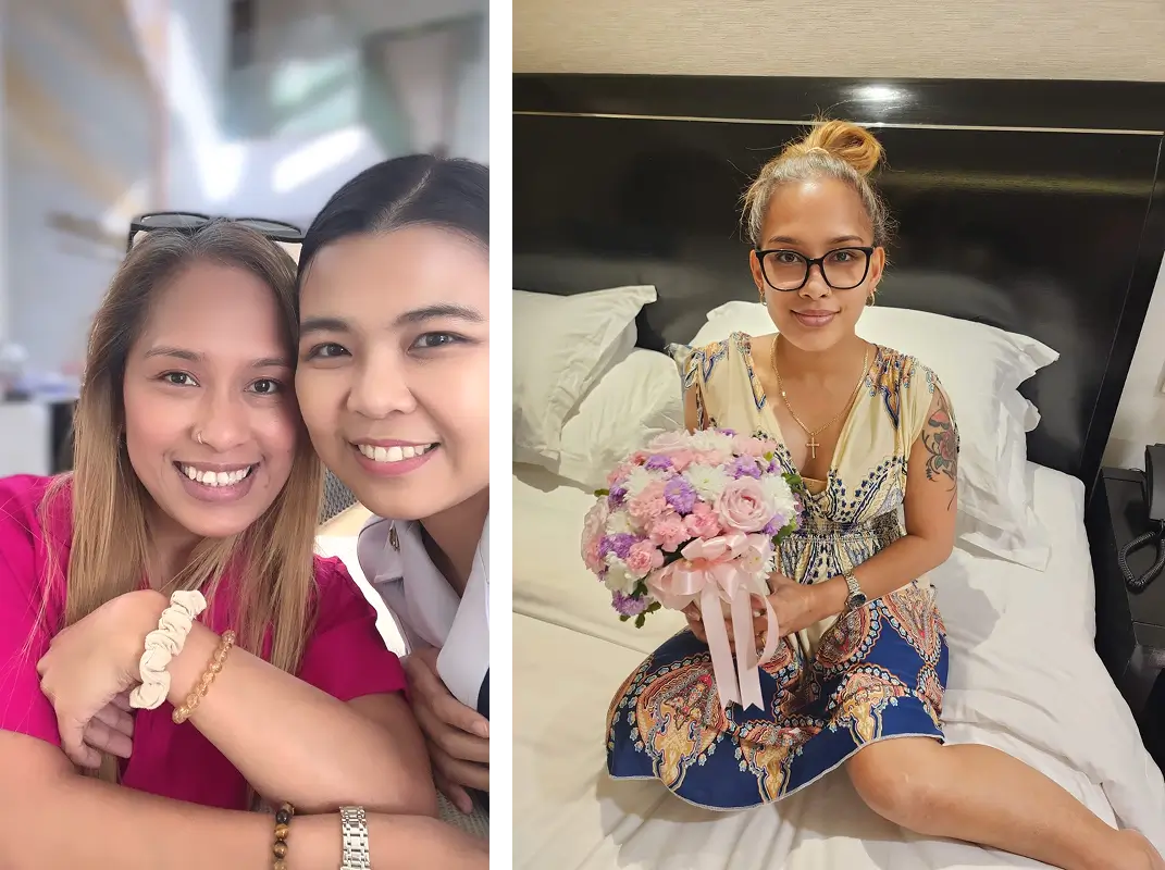 Elyce with Nurse Fah before surgery and receiving a recovery flower gift from Beauty Butler