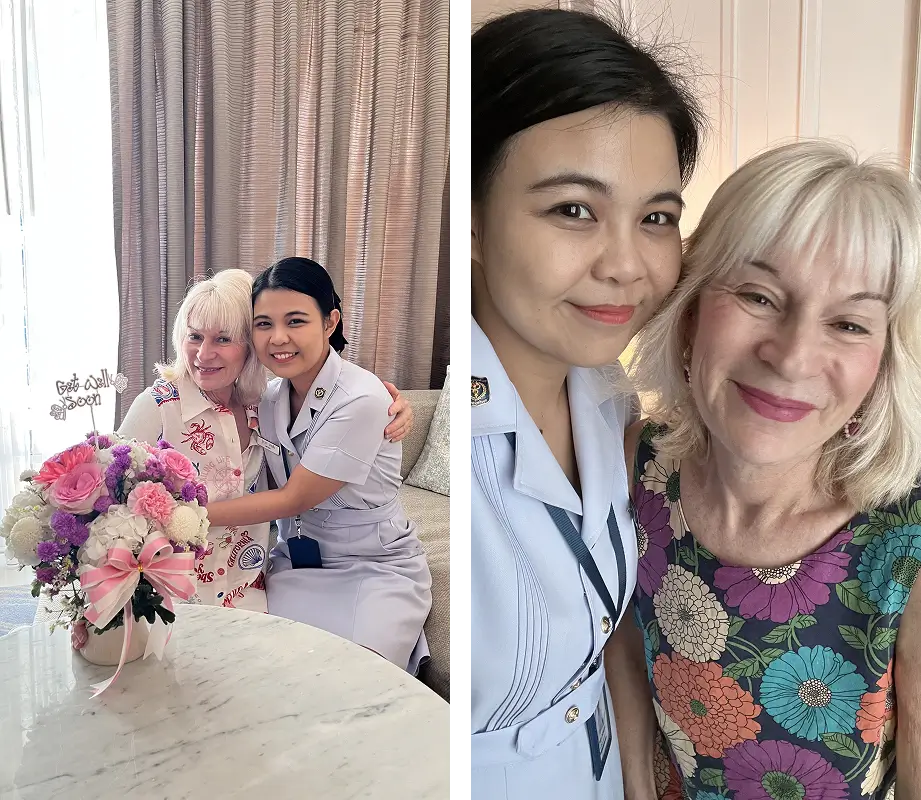 Vikki with Nurse Fah during recovery, receiving a flower gift and sharing a farewell moment