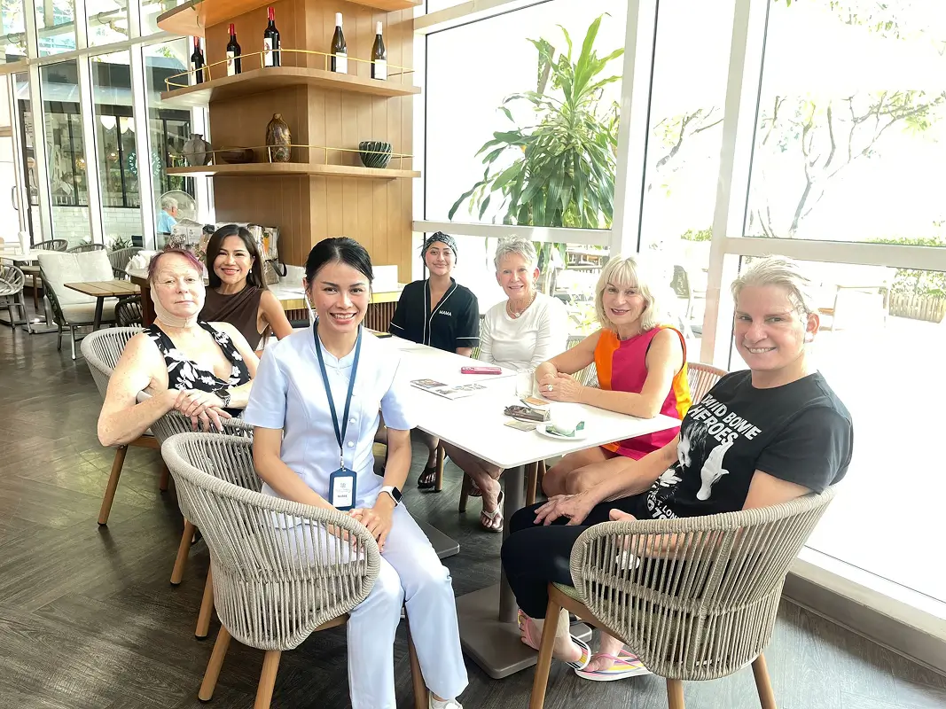 Vikki and other Beauty Butler patients enjoying an afternoon tea meeting at the recovery hotel in Bangkok