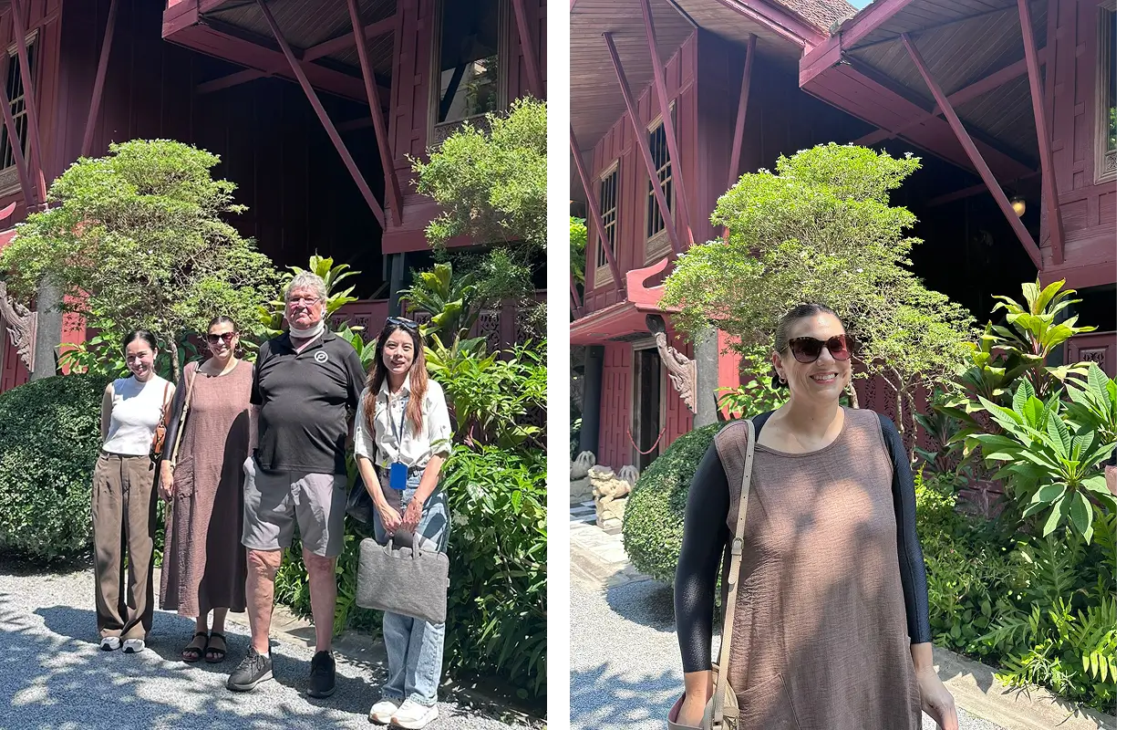 Left: Racheal with the Beauty Butler team in front of the Jim Thompson House in Bangkok. Right: Racheal exploring the gardens on her own during recovery.