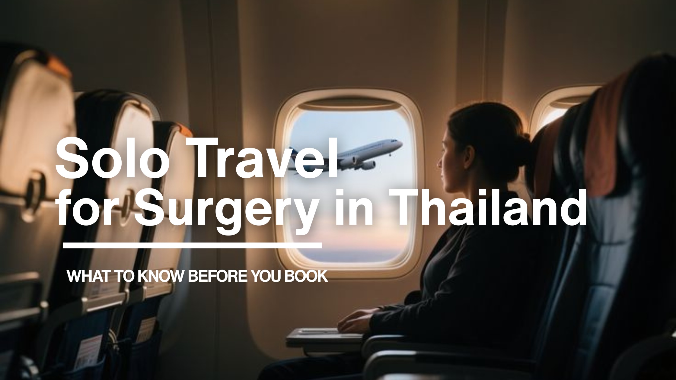 Woman seated alone by an aeroplane window looking out, representing solo travel for cosmetic surgery in Thailand