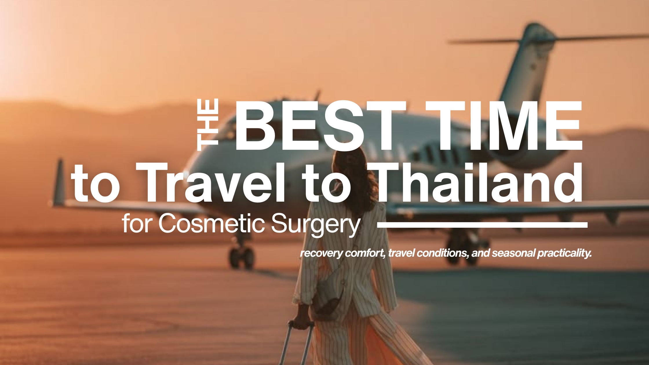Woman with luggage walking toward a private jet on a tarmac at golden hour, representing travel planning for cosmetic surgery in Thailand