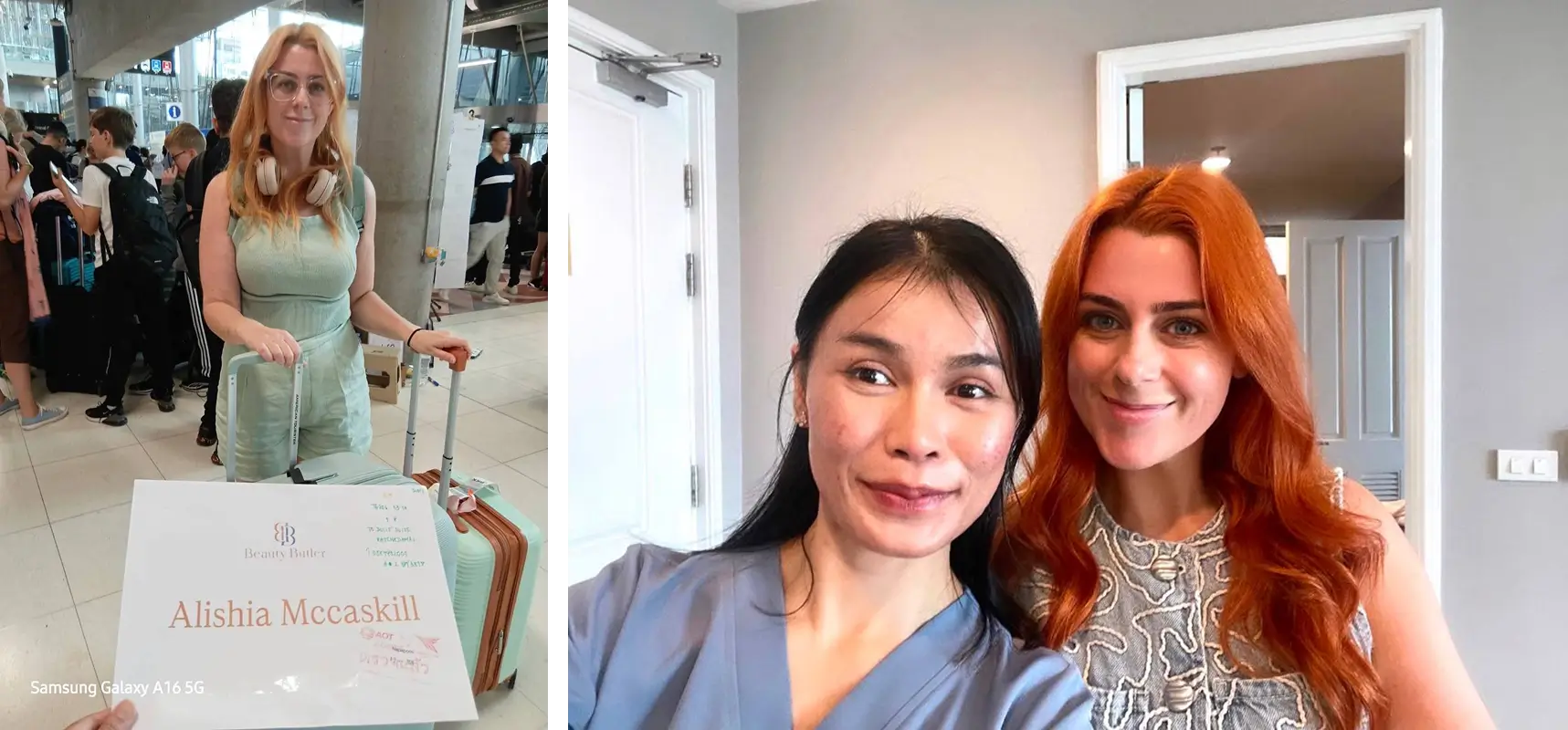Beauty Butler patient arriving at Bangkok airport with a personalised welcome sign, and with her Beauty Butler care team