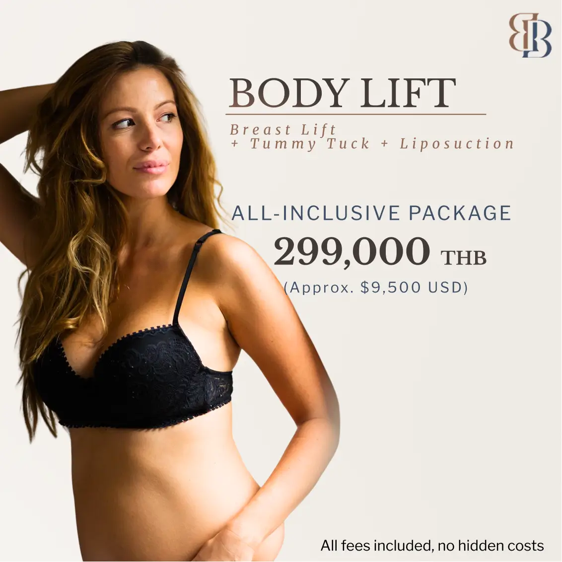 Body Lift package card: breast lift, tummy tuck and liposuction in Thailand