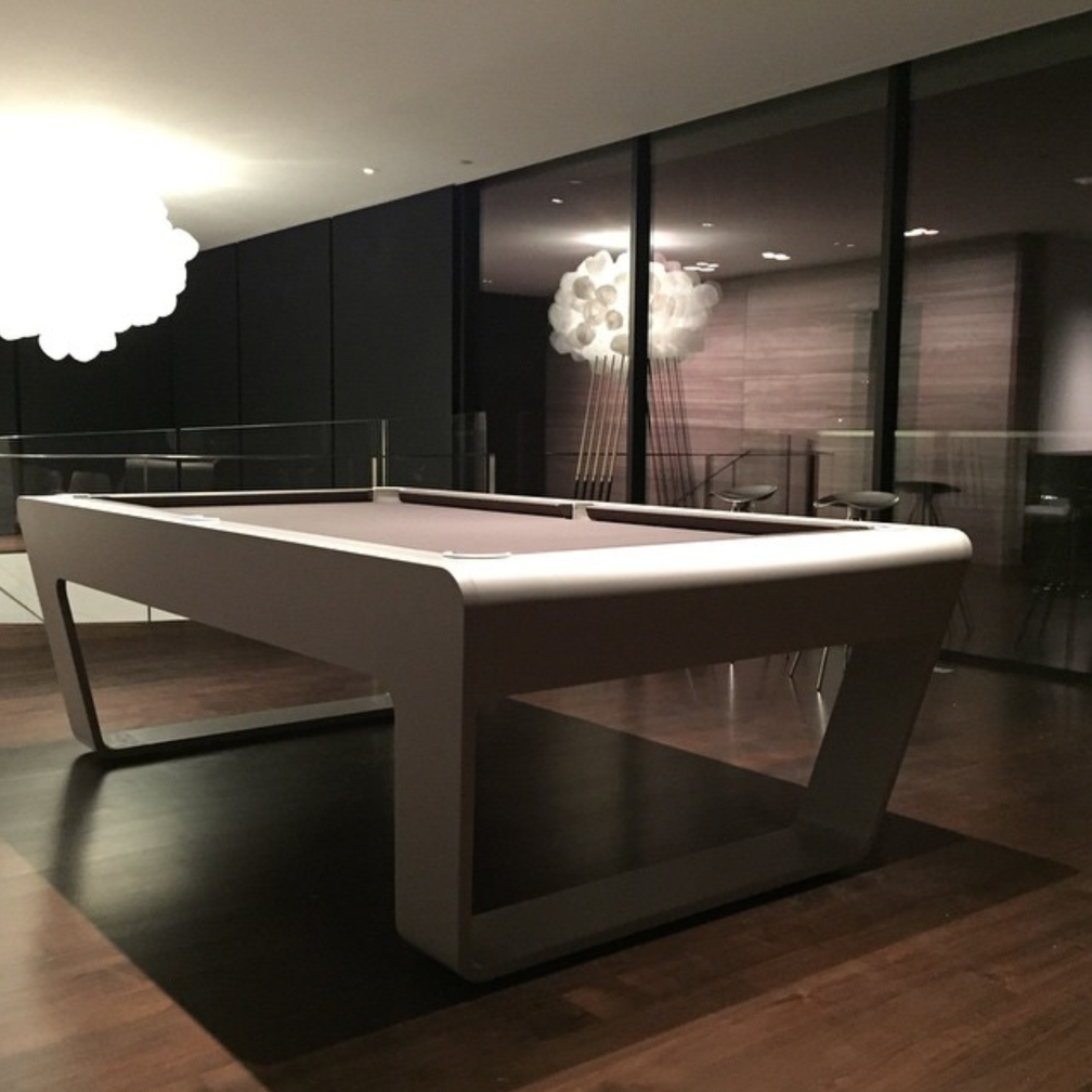 Image of the designer pool table 247 in white with grey table cloth