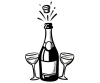 Illustration of a champagne bottle with a popped cork and two filled glasses.