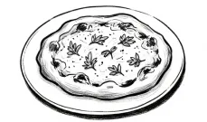 Hand-drawn black and white illustration of a pizza with toppings on a round plate.