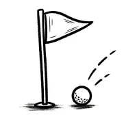Black and white illustration of a golf ball rolling towards a hole marked by a flag.