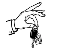 Hand holding a car key and a house key with a key tag labeled 'KEY'.