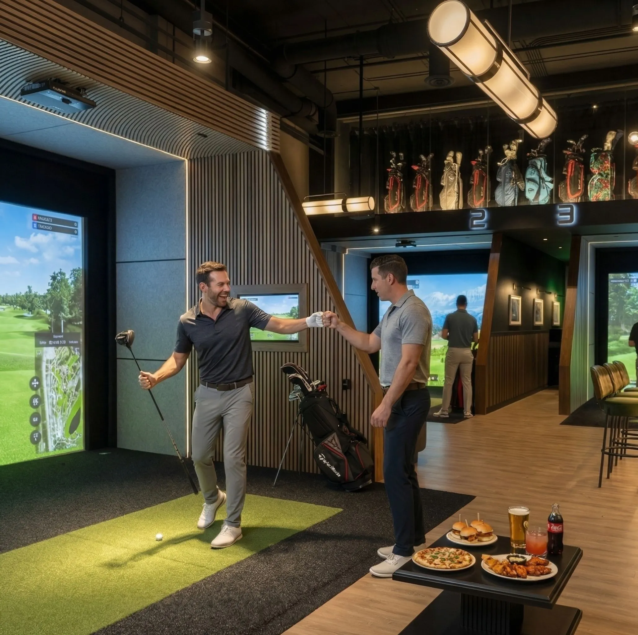 Two men fist bumping in an indoor golf simulator room with golf bags, screens showing golf courses, and a table with food and drinks.