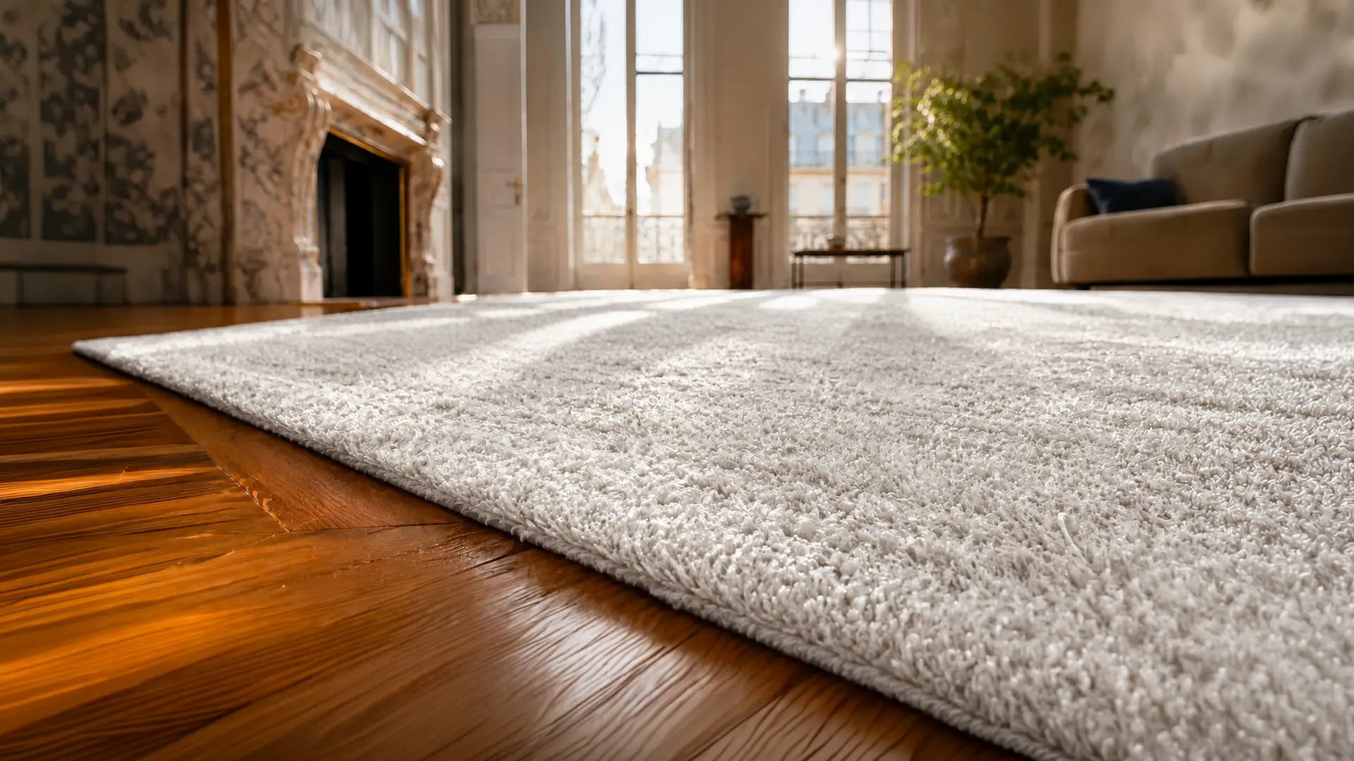 Tapis bleu à poils longs dans un salon parisien