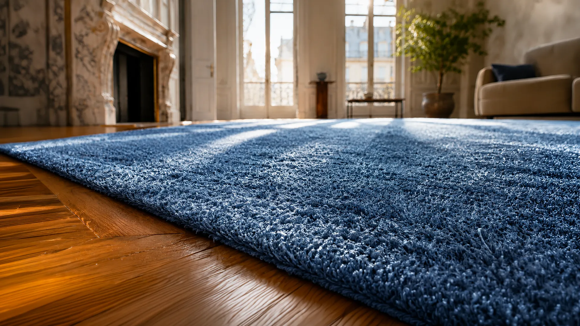 Tapis bleu à poils longs dans un salon parisien