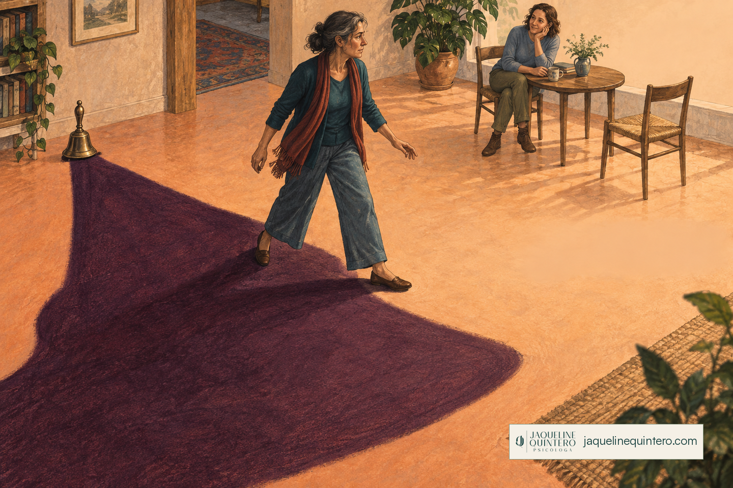 Ilustración de una mujer que cruza el borde de una enorme sombra morada proyectada por una pequeña campana, mientras otra mujer permanece sentada junto a una mesa y una silla vacía.