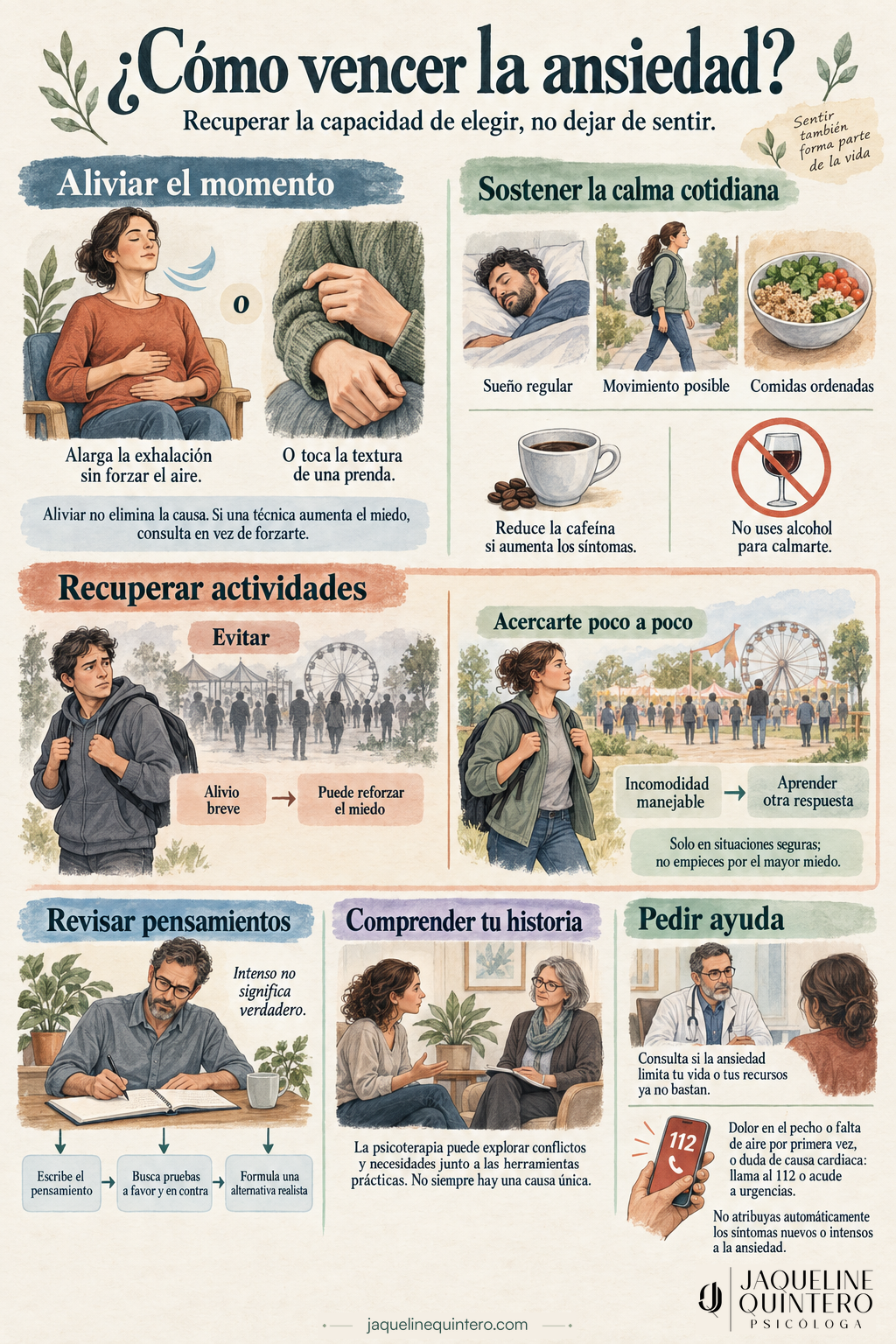 Infografía titulada «¿Cómo vencer la ansiedad?» con seis áreas ilustradas: exhalación lenta o contacto con una prenda, hábitos cotidianos, comparación entre evitar y acercarse gradualmente a una actividad, revisión de pensamientos, exploración de la…