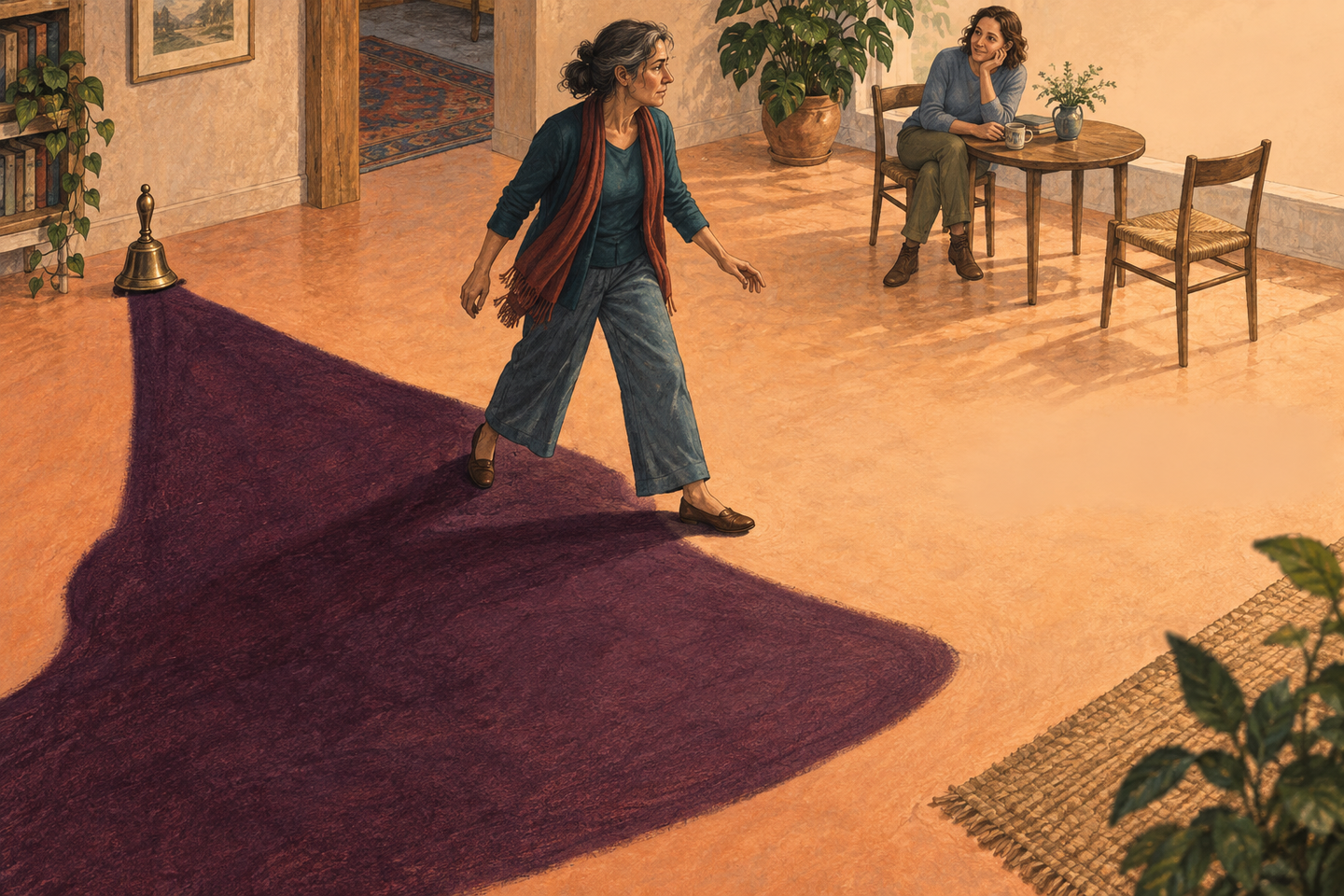 Ilustración de una mujer que cruza el borde de una enorme sombra morada proyectada por una pequeña campana, mientras otra mujer permanece sentada junto a una mesa y una silla vacía.
