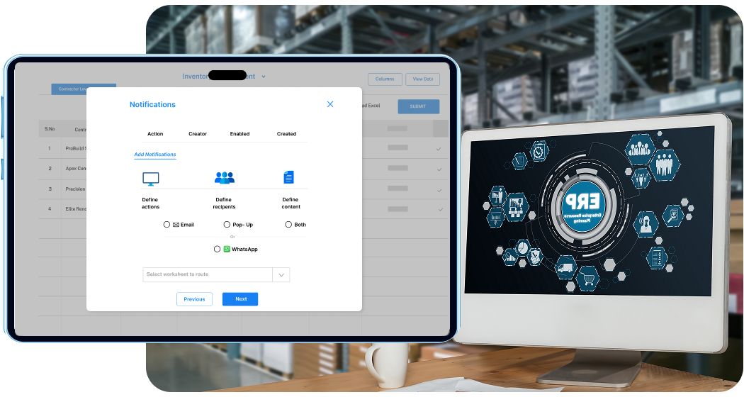 Computer screen showing a notification settings popup window with options to define actions, recipients, and content, with email, pop-up, both, or WhatsApp notification types.