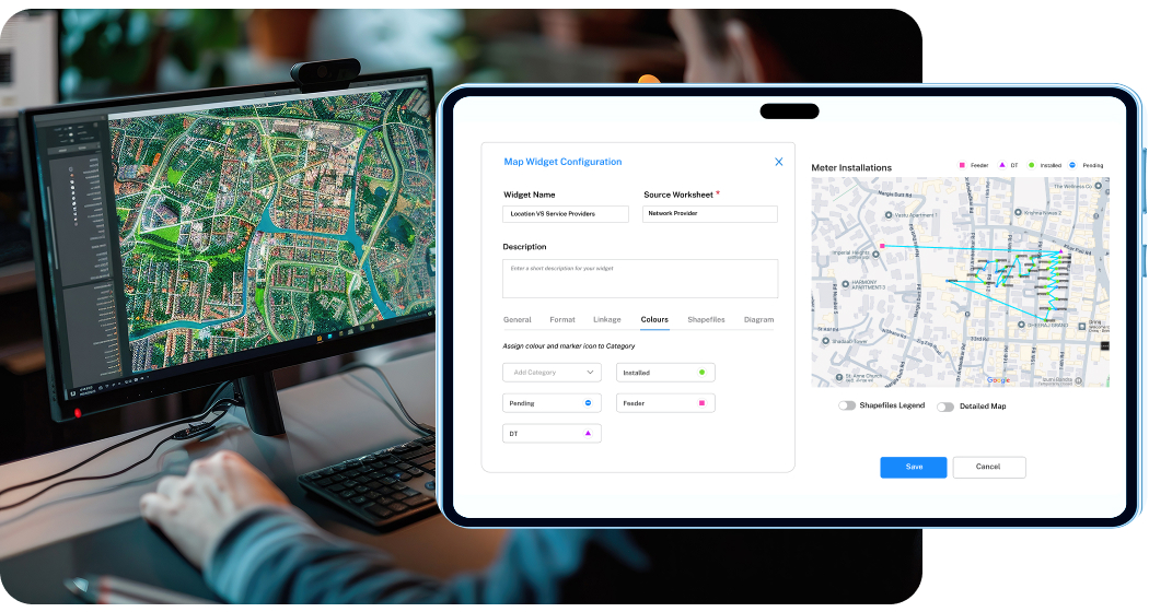 Person interacting with a computer displaying a map widget configuration screen and a detailed digital city map.