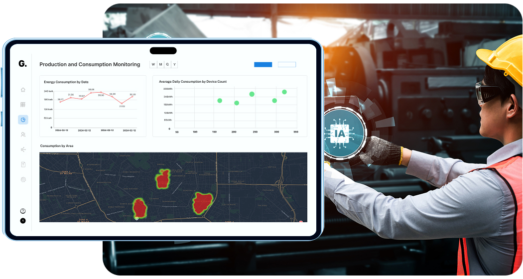 Engineer in safety gear interacting with a digital tablet displaying production and consumption monitoring dashboards including charts and a heatmap.