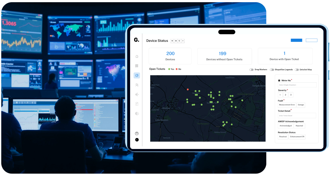 Control room with multiple screens showing data dashboards, including a tablet displaying a device status map with open ticket indicators.