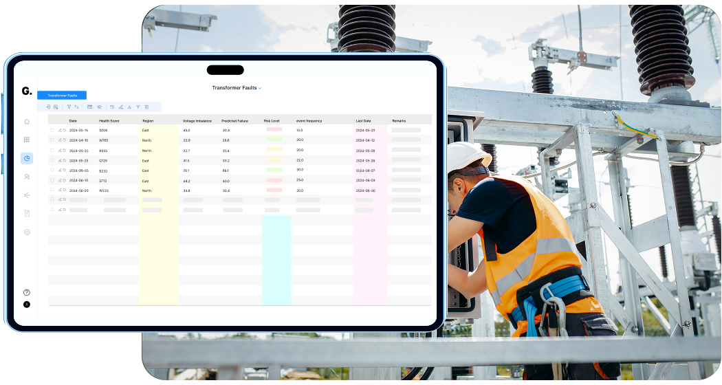 Worker in safety gear inspecting electrical transformer equipment with an overlay screen displaying transformer fault data including dates, regions, voltage, and risk levels.