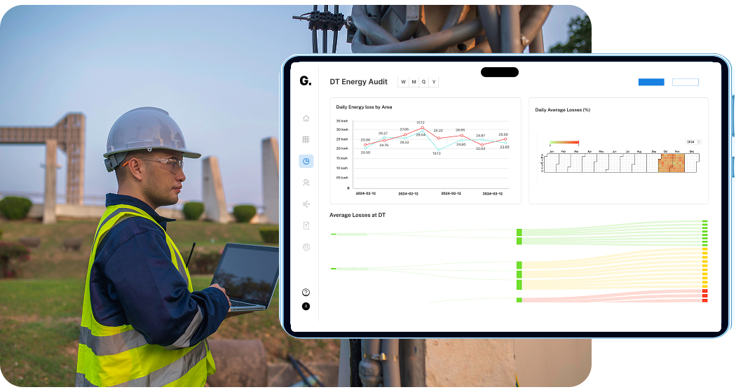 Engineer in a safety vest and helmet holding a laptop outdoors near industrial equipment with a semi-transparent overlay showing an energy audit dashboard with graphs and data.