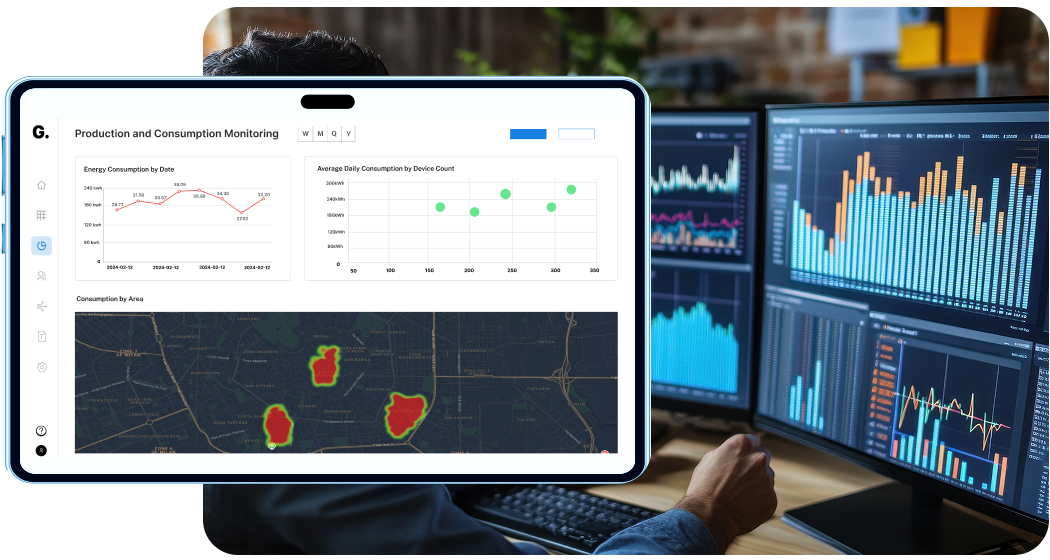 Person analyzing multiple data dashboards showing energy consumption graphs and heatmaps on computer monitors.