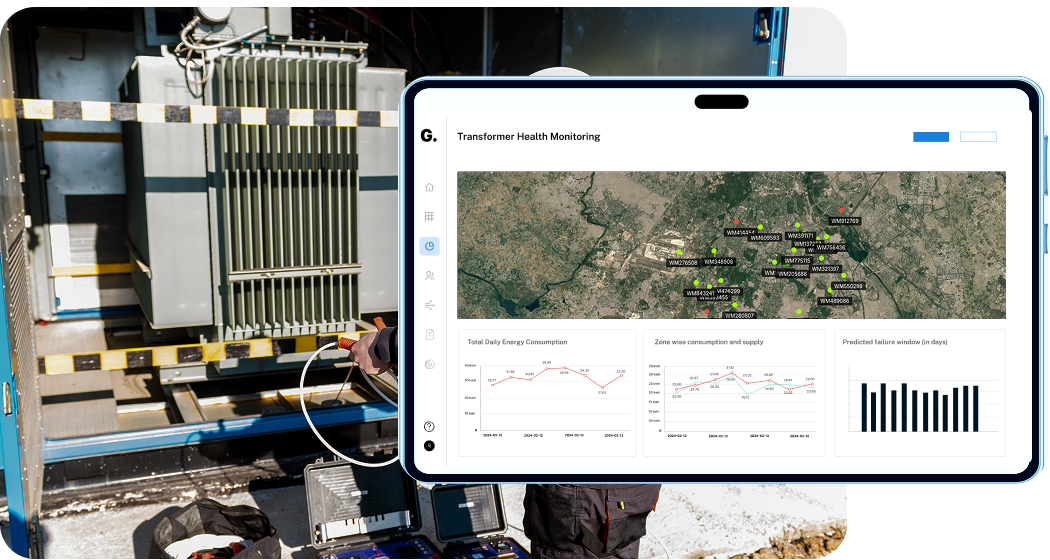 Transformer unit outdoors with a tablet displaying a health monitoring dashboard showing map locations, energy consumption graphs, and predicted failure windows.
