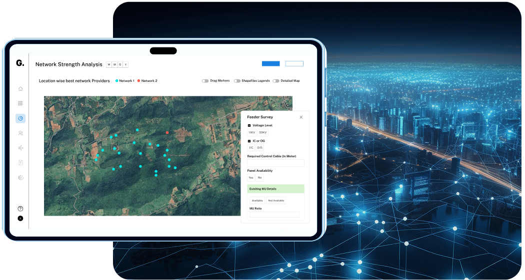 Tablet screen displaying a network strength analysis map with blue and red dots representing network providers over a satellite view of a green landscape, alongside a feeder survey panel with voltage and control cable details.