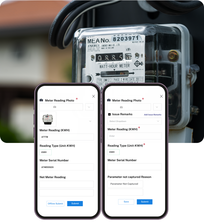 Electric watt-hour meter with digital reading and two mobile screens showing meter reading input forms with fields for meter reading, serial number, and issue remarks.