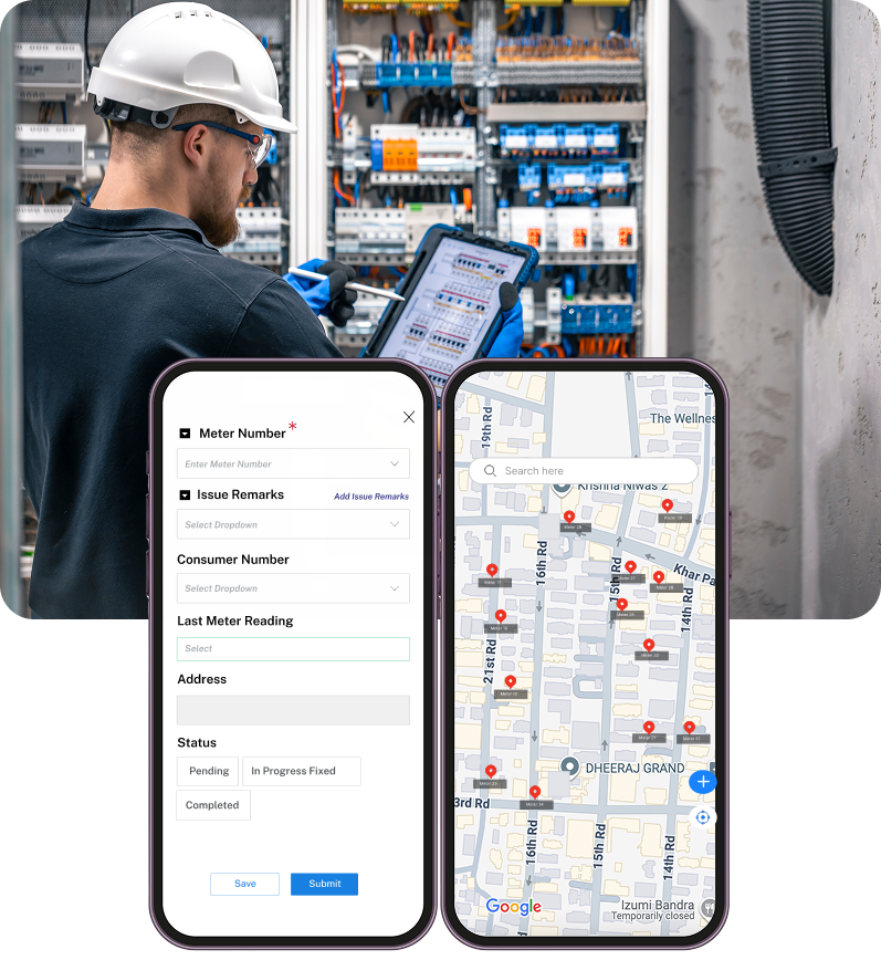 Electrician wearing a white hard hat using a tablet in front of an electrical panel, with two smartphone screens showing a meter reading form and a map with location pins.