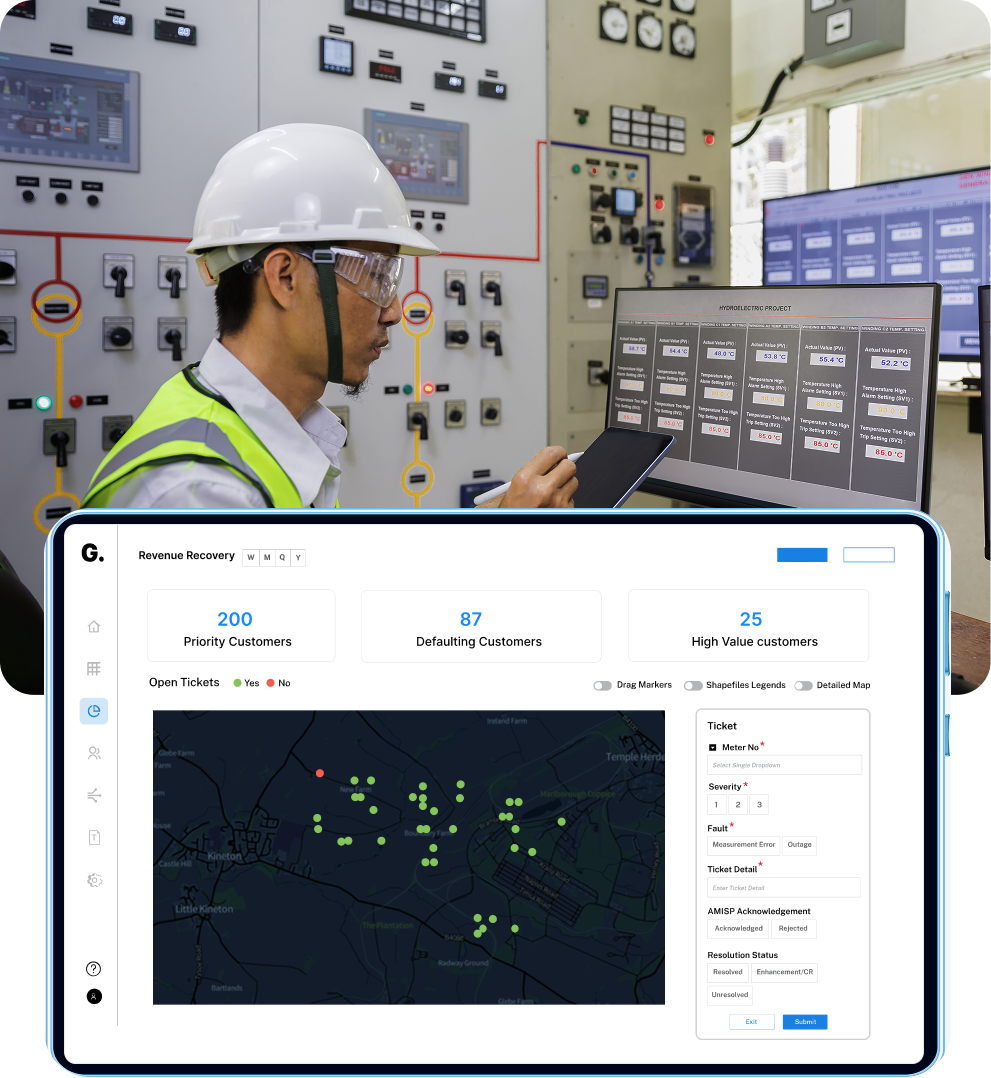 Engineer wearing white hard hat and safety glasses using tablet in control room with digital dashboard showing revenue recovery statistics and a map with tickets.