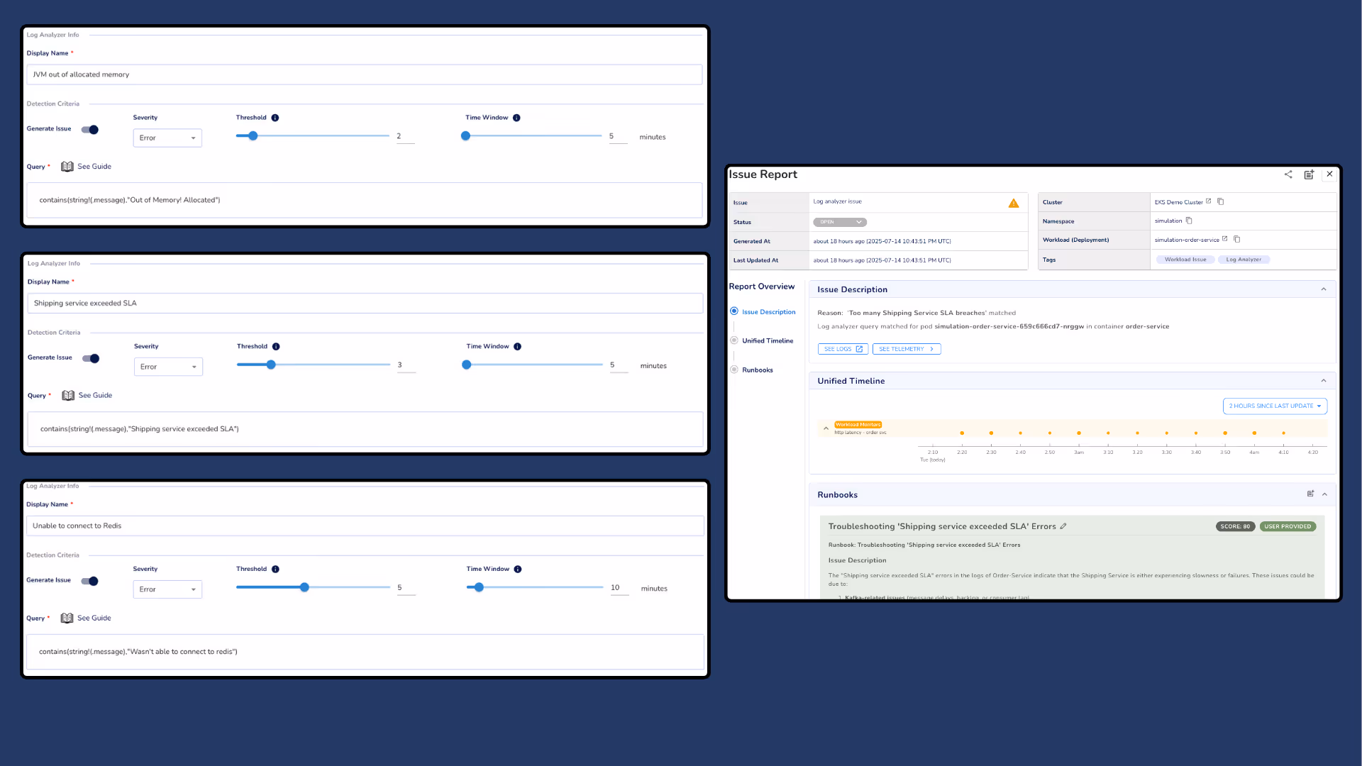 Convert recurring log patterns into actionable issue reports with rich context.