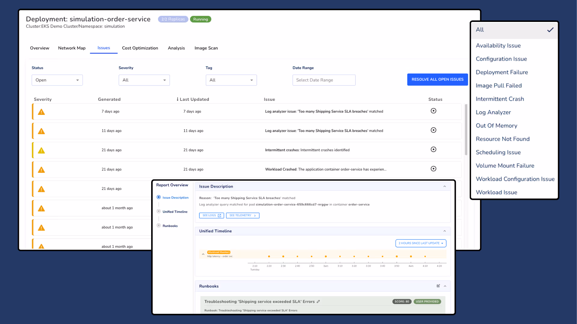 Dashboard showing issue report and description.