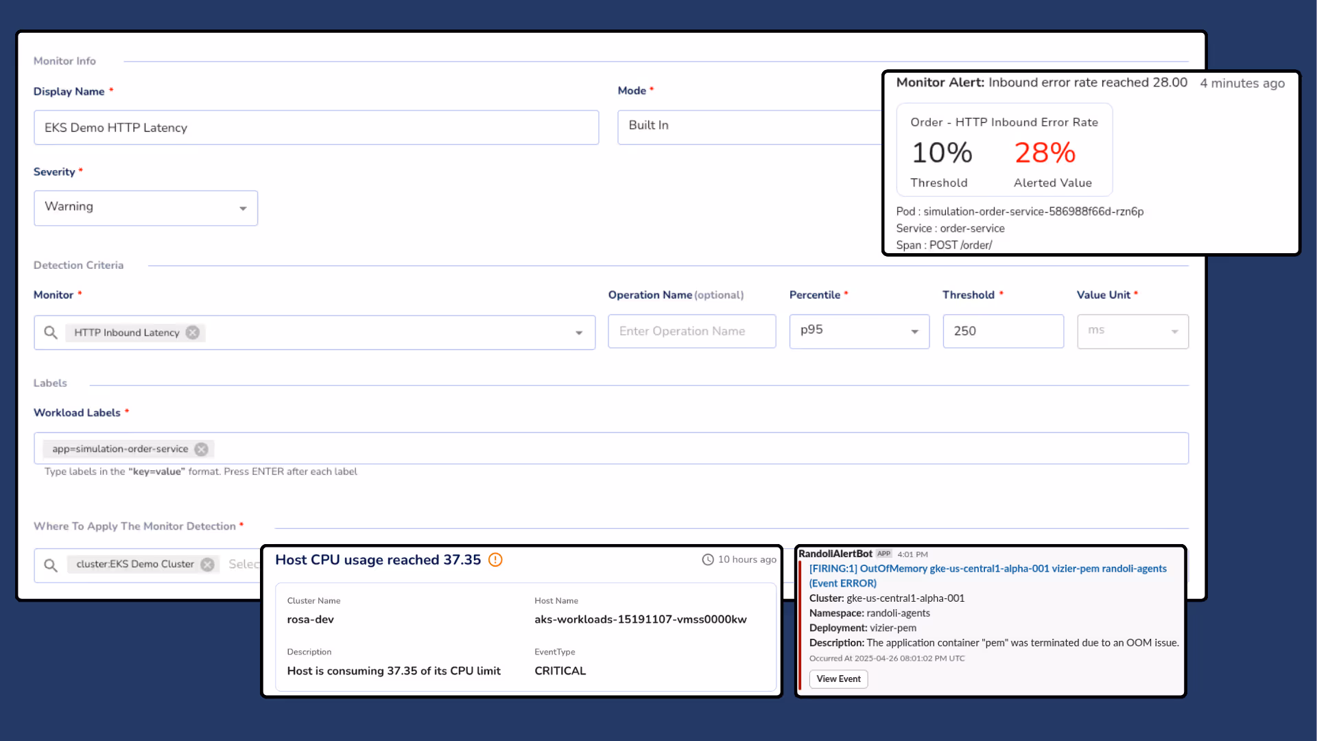 Screenshot displaying form to fill out monitor info, along with an example monitor alert and exceeded limit alerts.