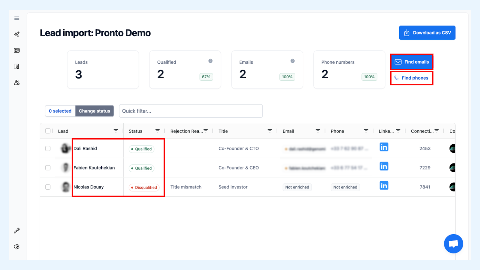 Pronto interface displaying clean and verified leads, and buttons to find leads' emails and phones