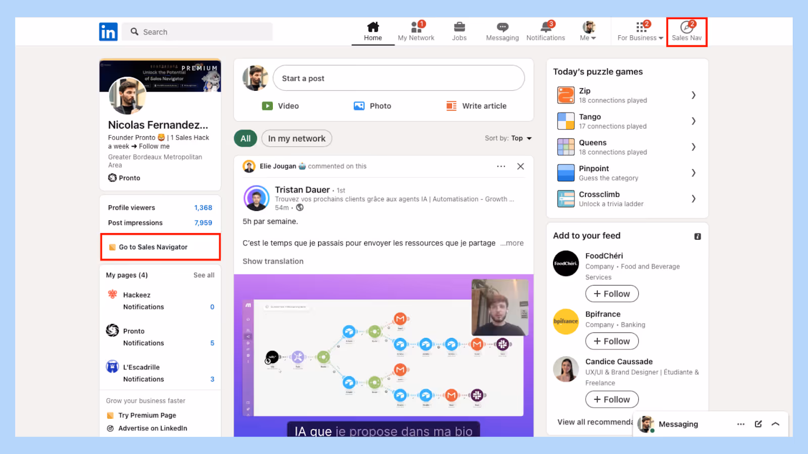 LinkedIn homepage showing where to click to access and sign in to Sales Navigator