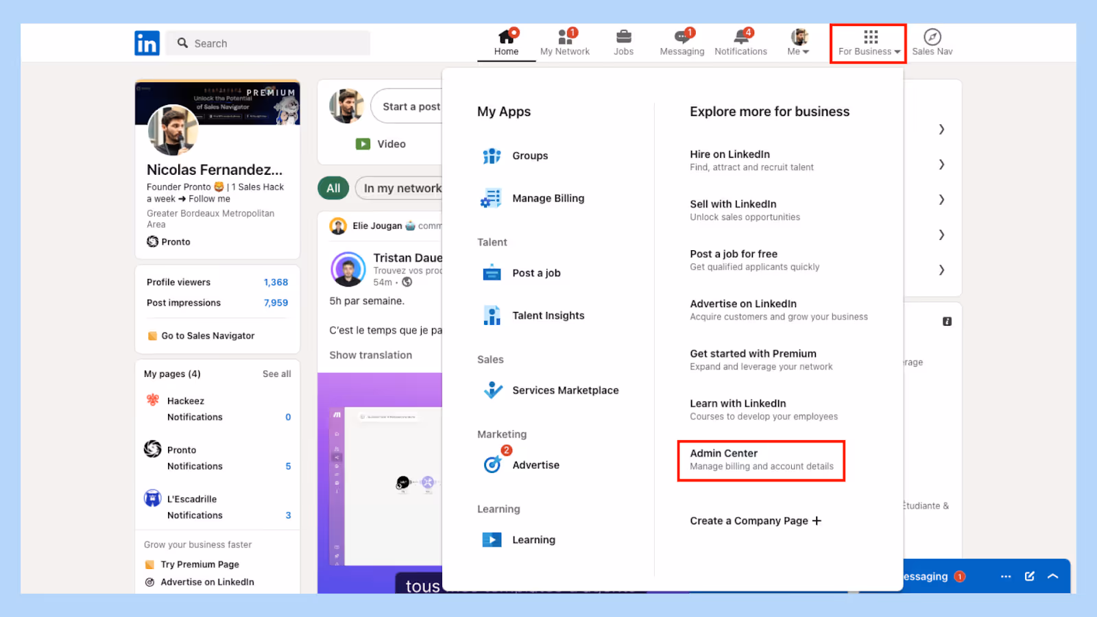 LinkedIn platform showing how to access the Admin Center via the For Business menu dropdown