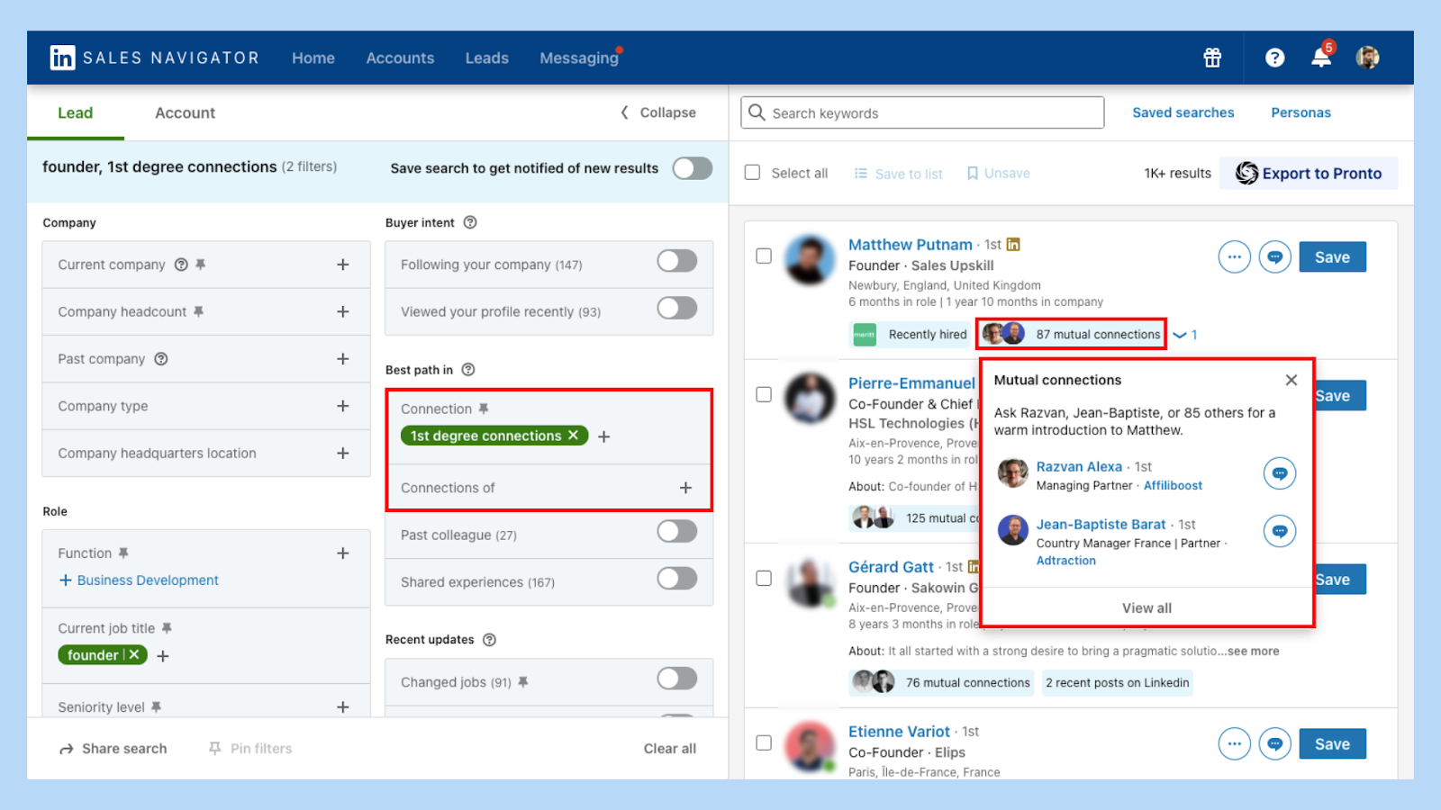 LinkedIn Sales Navigator interface displaying TeamLink feature to leverage mutual connections