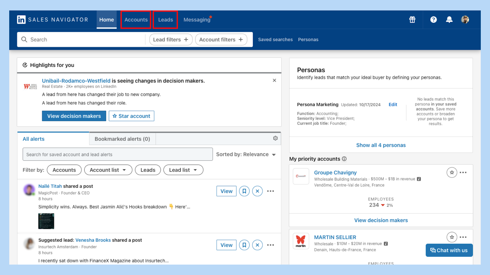 Access Leads or Accounts tab to start list creation in LinkedIn Sales Navigator