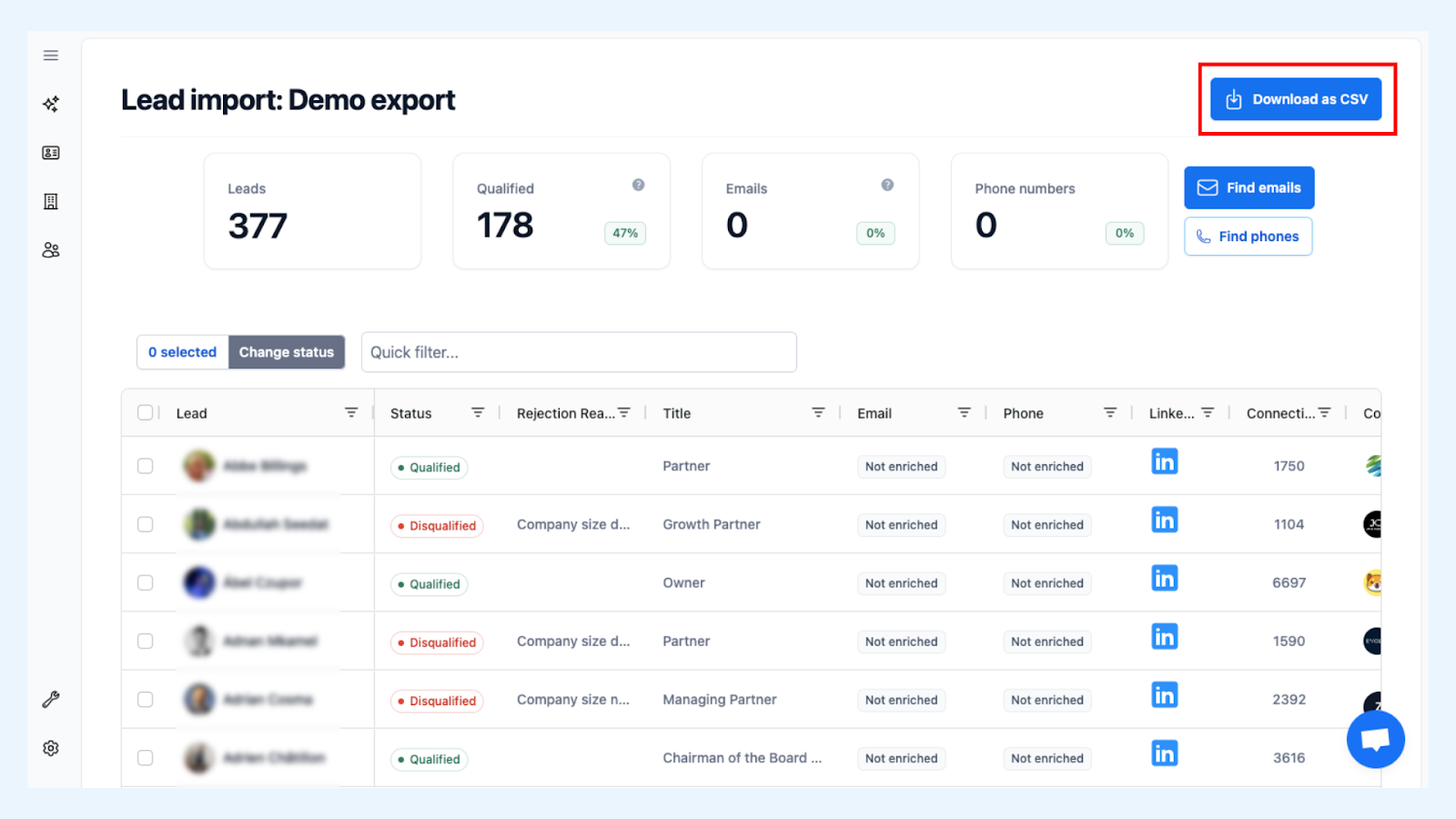 Lead details view in Pronto with download as CSV option highlighted