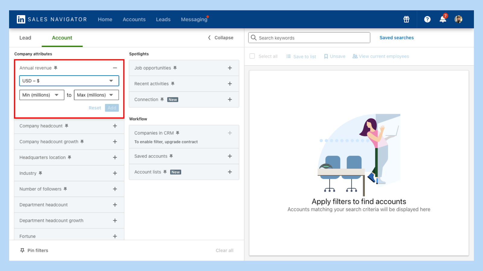Sales Navigator Account filters showing Annual revenue feature