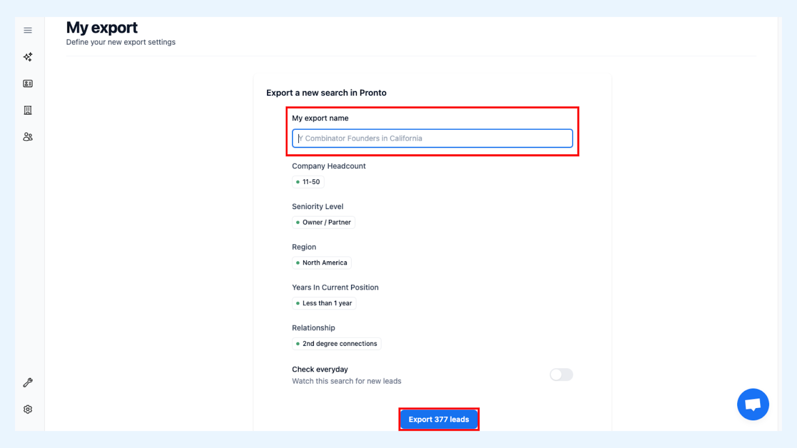 Pronto export setup with lead filters and export name field highlighted