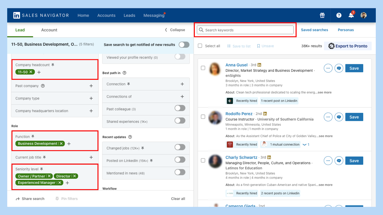 Sales Navigator lead filters view with keyword search highlighted