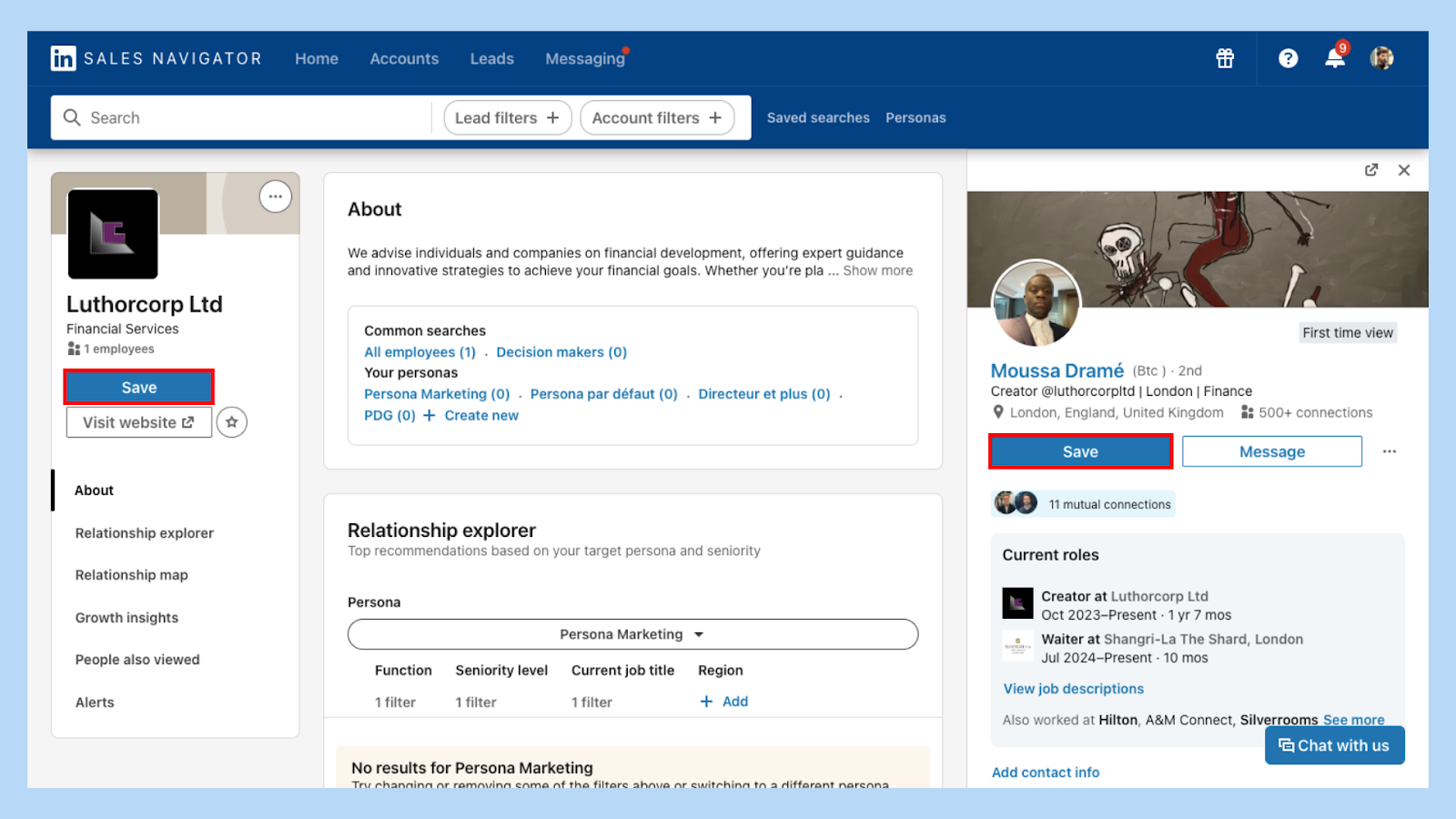 Click Save on a lead or company in Sales Navigator to activate alerts and track activity