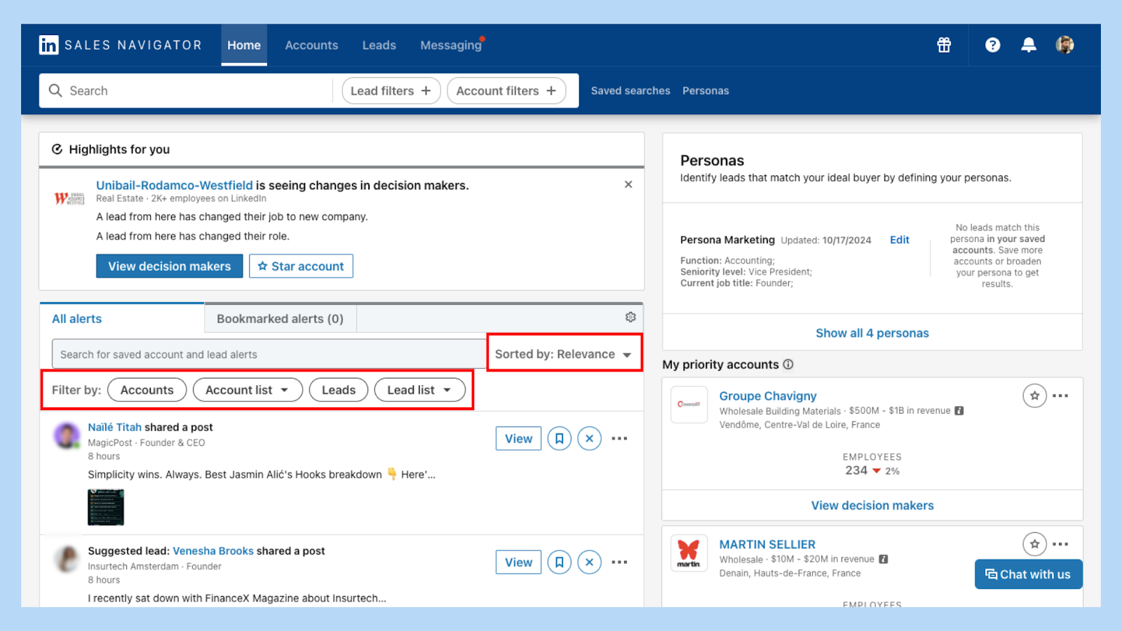 Use filters and sort options in Sales Navigator alerts to prioritize key lead and account signals