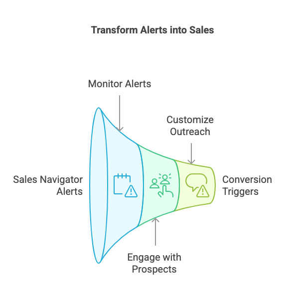 Visual funnel showing how Sales Navigator alerts lead to customized outreach and conversion triggers
