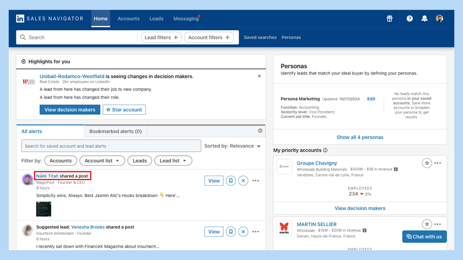 Sales Navigator alert showing a lead's LinkedIn post to personalize outreach timing
