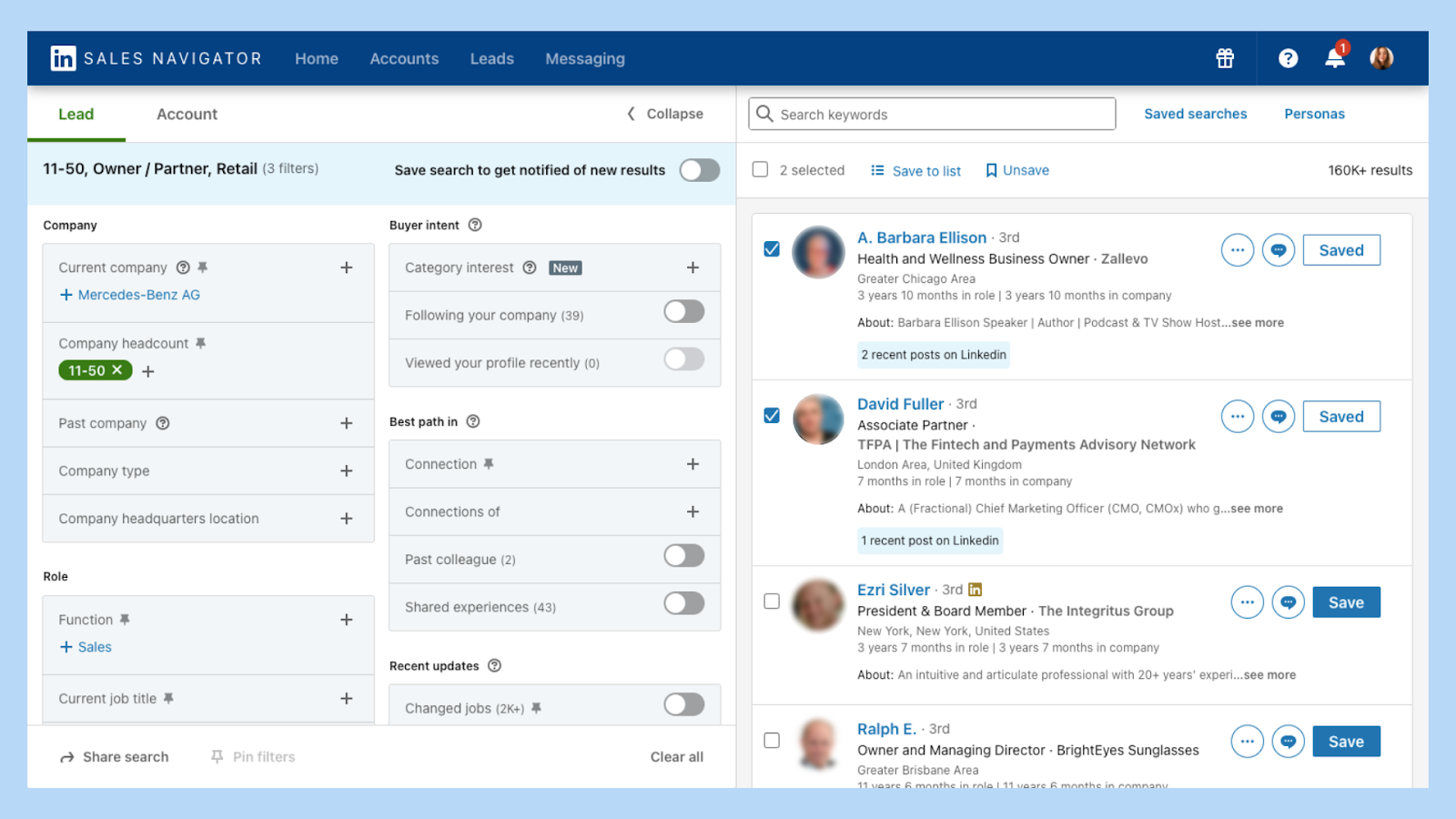 LinkedIn Sales Navigator interface showing lead filters and prospecting search results