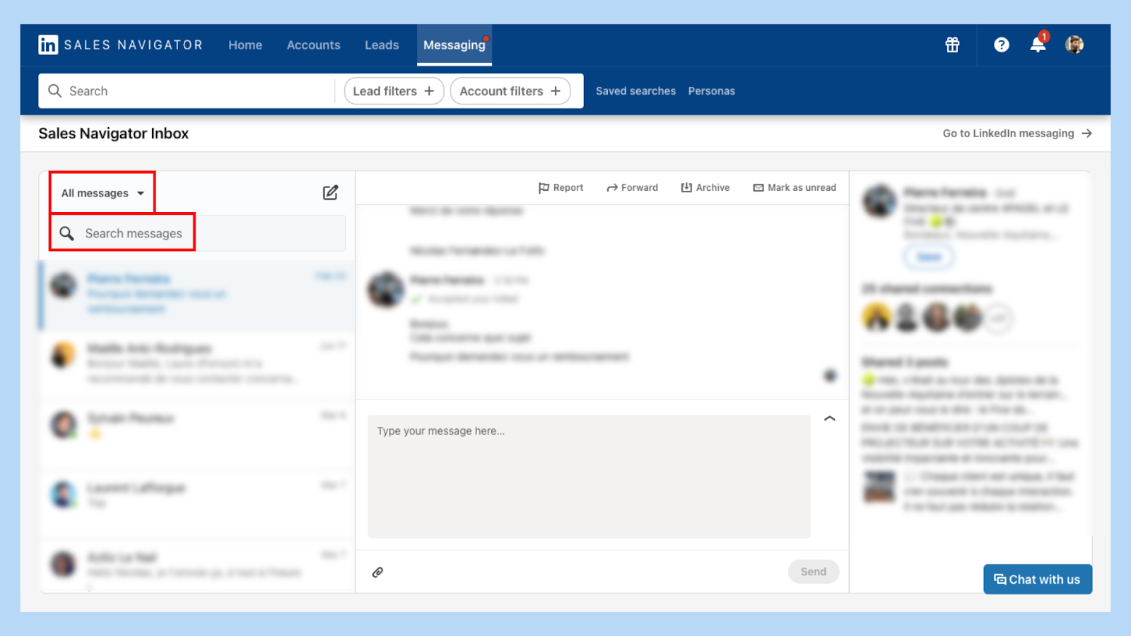 Screenshot showing how to organize and search InMail messages in the Sales Navigator inbox