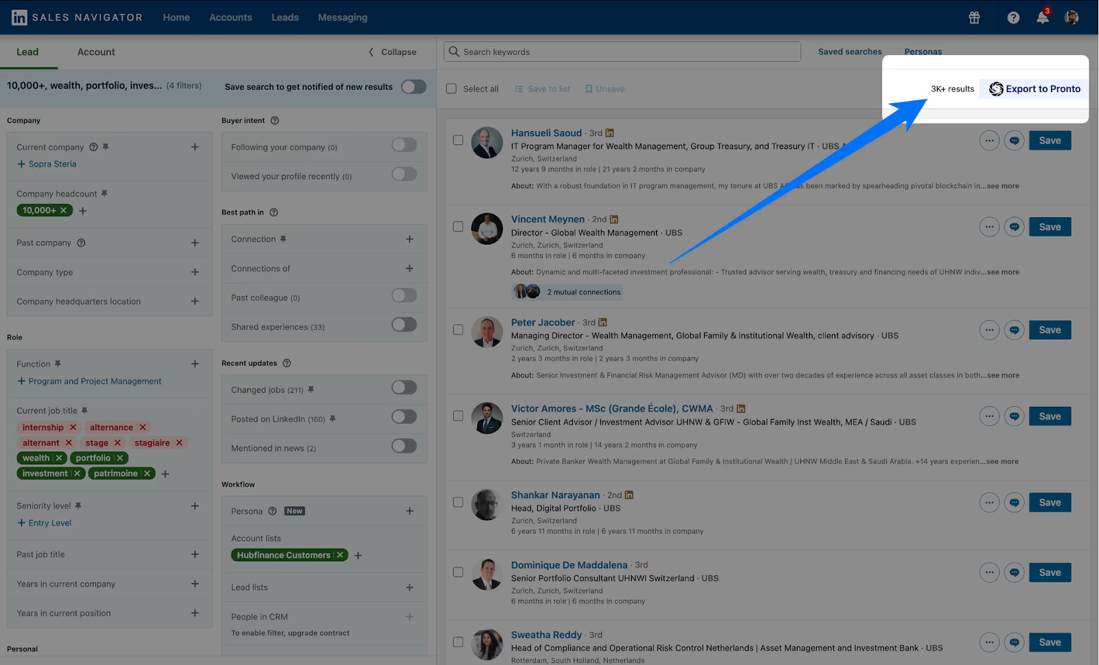 Sales Navigator search interface showing how to export large list of leads to Pronto